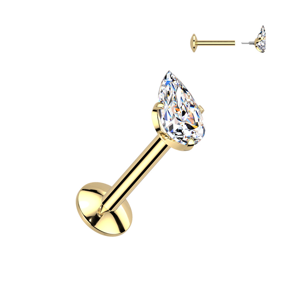 Cherry Diva Flat Back Stud Gold 16 Gauge Titanium Internally Threaded Crystal Teardrop Stud