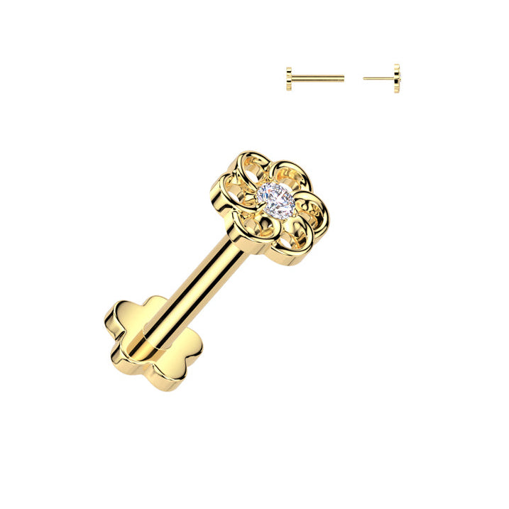 Cherry Diva Flat Back Stud Gold 16 Gauge Titanium Threadless Crystal Flower Stud