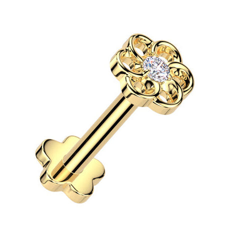 Cherry Diva Flat Back Stud Gold 16 Gauge Titanium Threadless Crystal Flower Stud