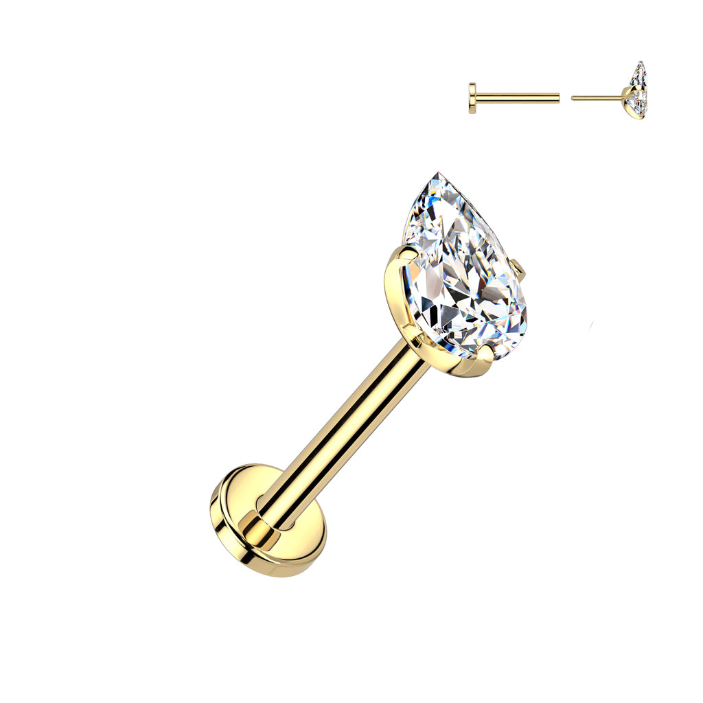 Cherry Diva Flat Back Stud Gold 16 Gauge Titanium Threadless Crystal Teardrop Cartilage Stud