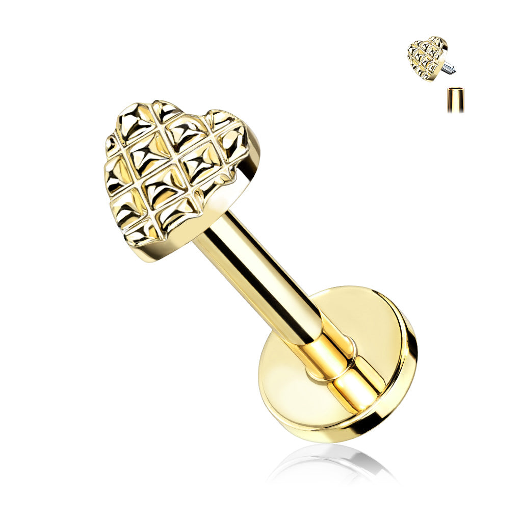 Cherry Diva Flat Back Stud Gold / 6MM 16 Gauge Internally Threaded Embossed Heart Stud