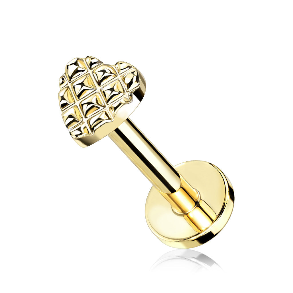 Cherry Diva Flat Back Stud Gold / 6MM 16 Gauge Internally Threaded Embossed Heart Stud