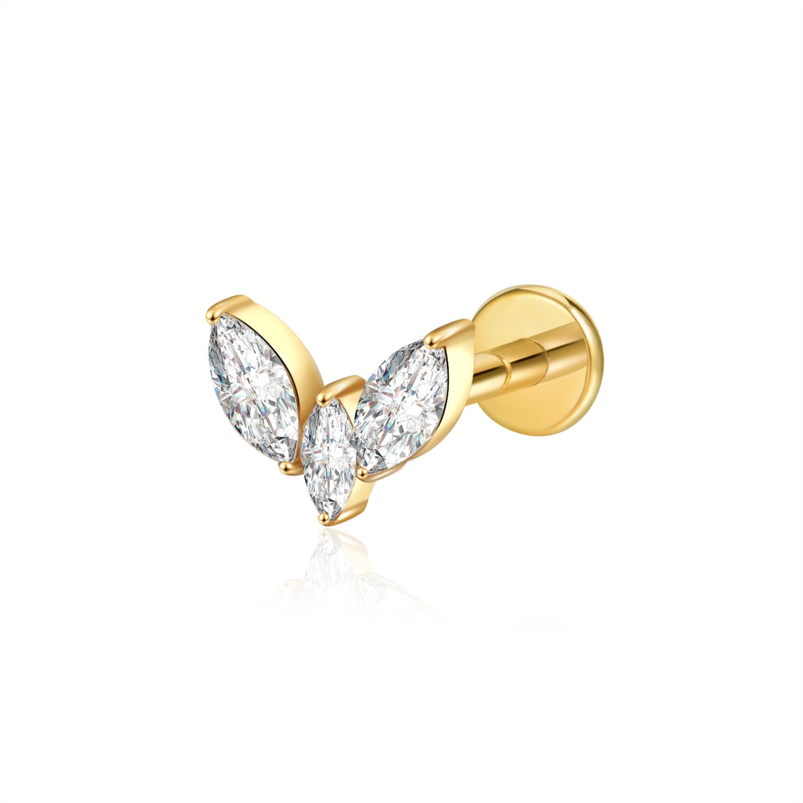 Cherry Diva Flat Back Stud Gold / 6MM 16 Gauge Internally Threaded Titanium Triple Crystal Stud