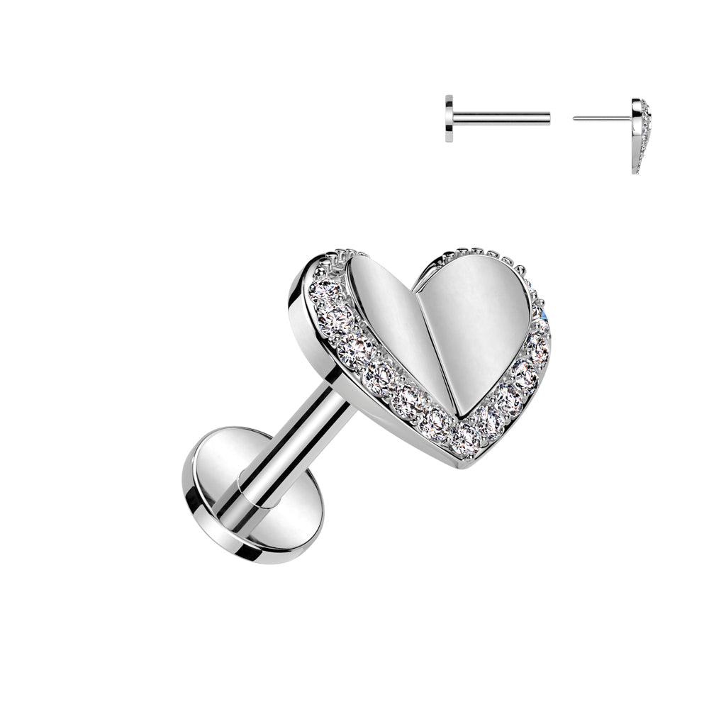 Cherry Diva Flat Back Stud Silver 16 Gauge Internally Threaded Crystal Trim Heart Piercing Stud