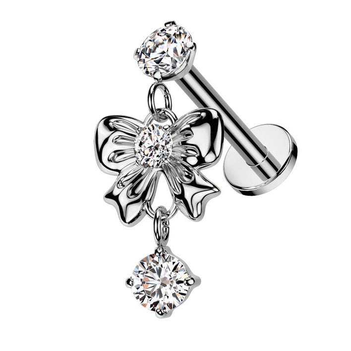 Cherry Diva Flat Back Stud Silver 16 Gauge Internally Threaded Dangling Crystal Bow Stud