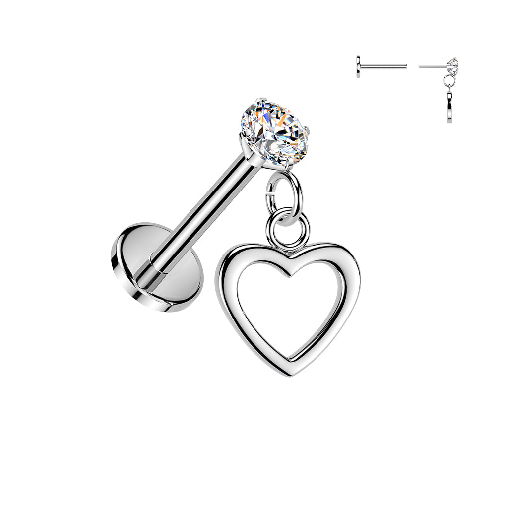 Cherry Diva Flat Back Stud Silver 16 Gauge Threadless Dangling Hollow Heart Stud