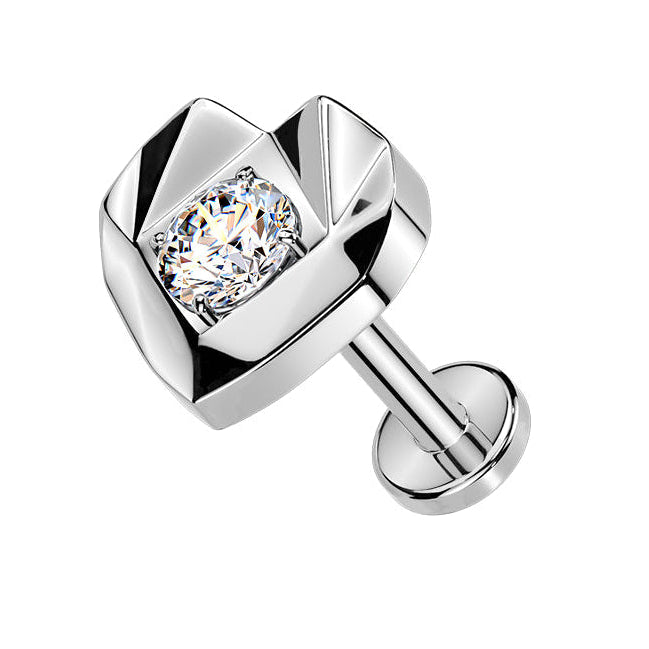 Cherry Diva Flat Back Stud Silver 16 Gauge Threadless Titanium Faceted Crystal Heart Stud