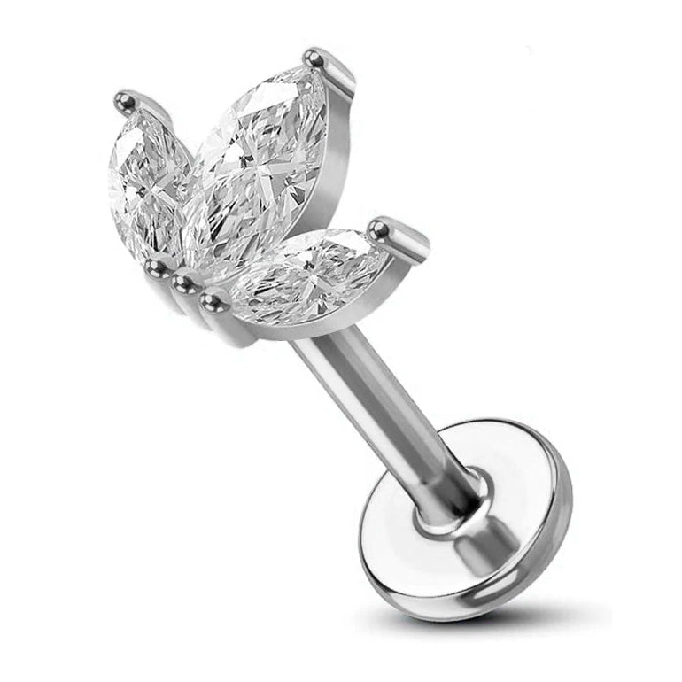 Cherry Diva Flat Back Stud Silver 16 Gauge Threadless Titanium Triple Crystal Stud