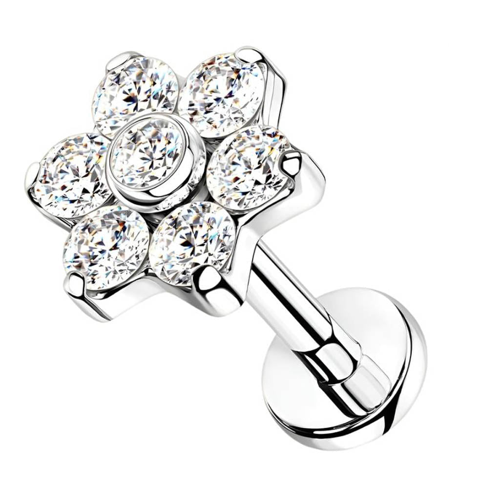 Cherry Diva Flat Back Stud Silver 16 Gauge Titanium Crystal Flower Cartilage Stud