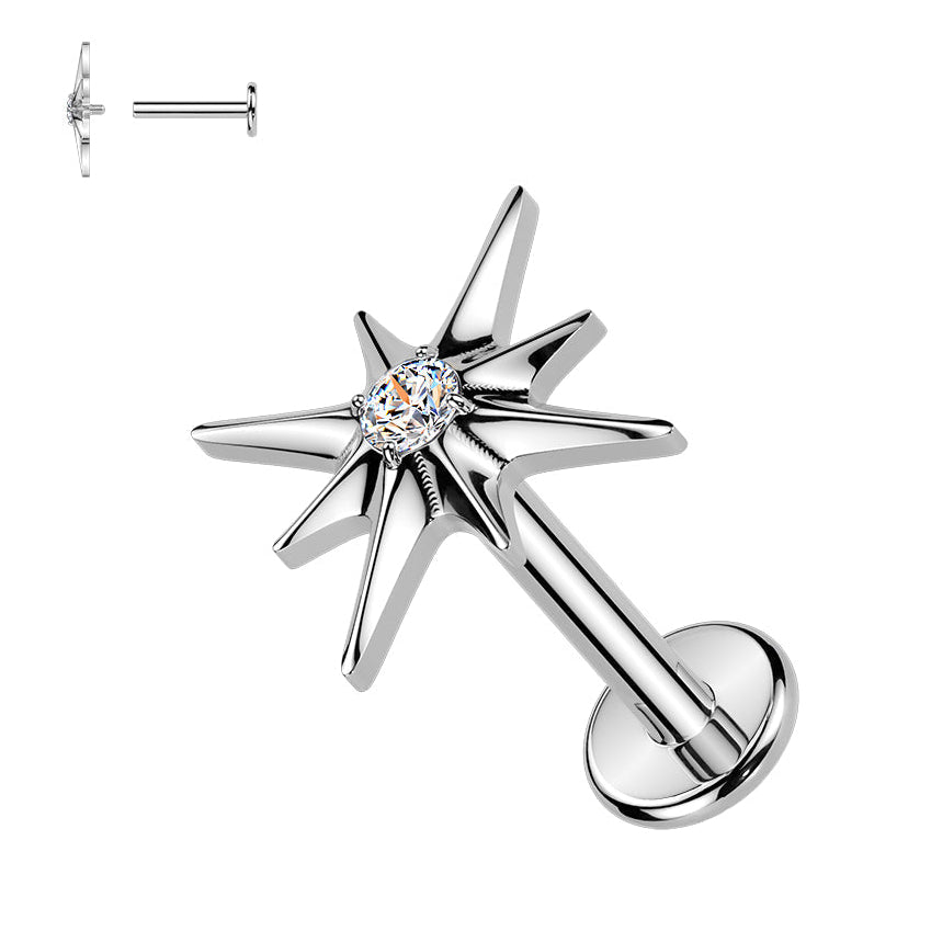 Cherry Diva Flat Back Stud Silver 16 Gauge Titanium Internally Threaded Crystal Starburst Stud