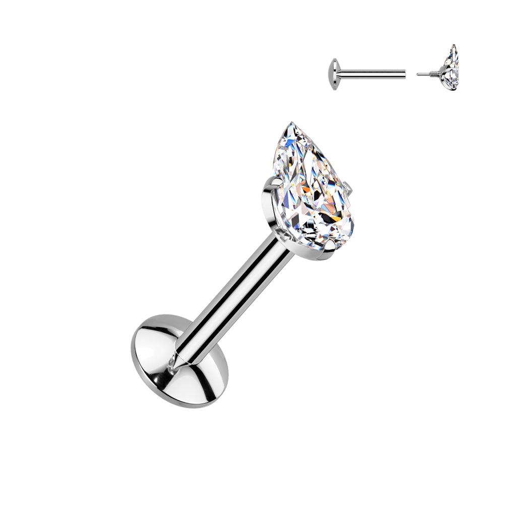 Cherry Diva Flat Back Stud Silver 16 Gauge Titanium Internally Threaded Crystal Teardrop Stud