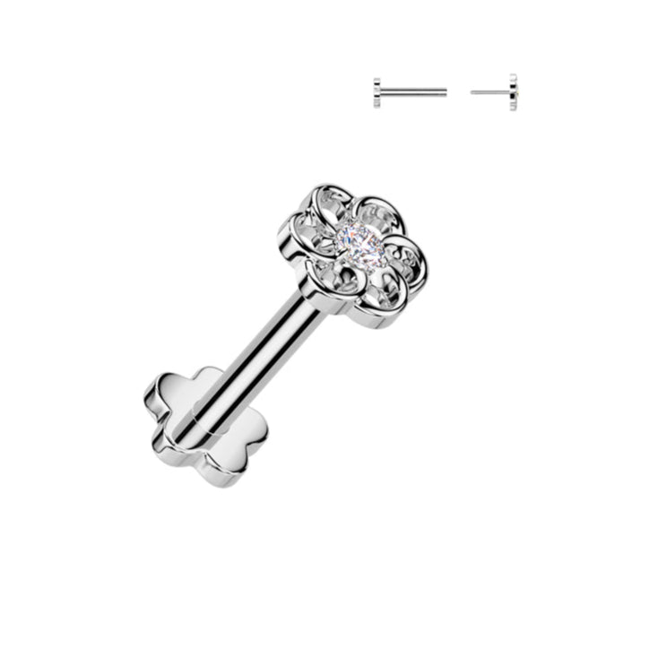 Cherry Diva Flat Back Stud Silver 16 Gauge Titanium Threadless Crystal Flower Stud