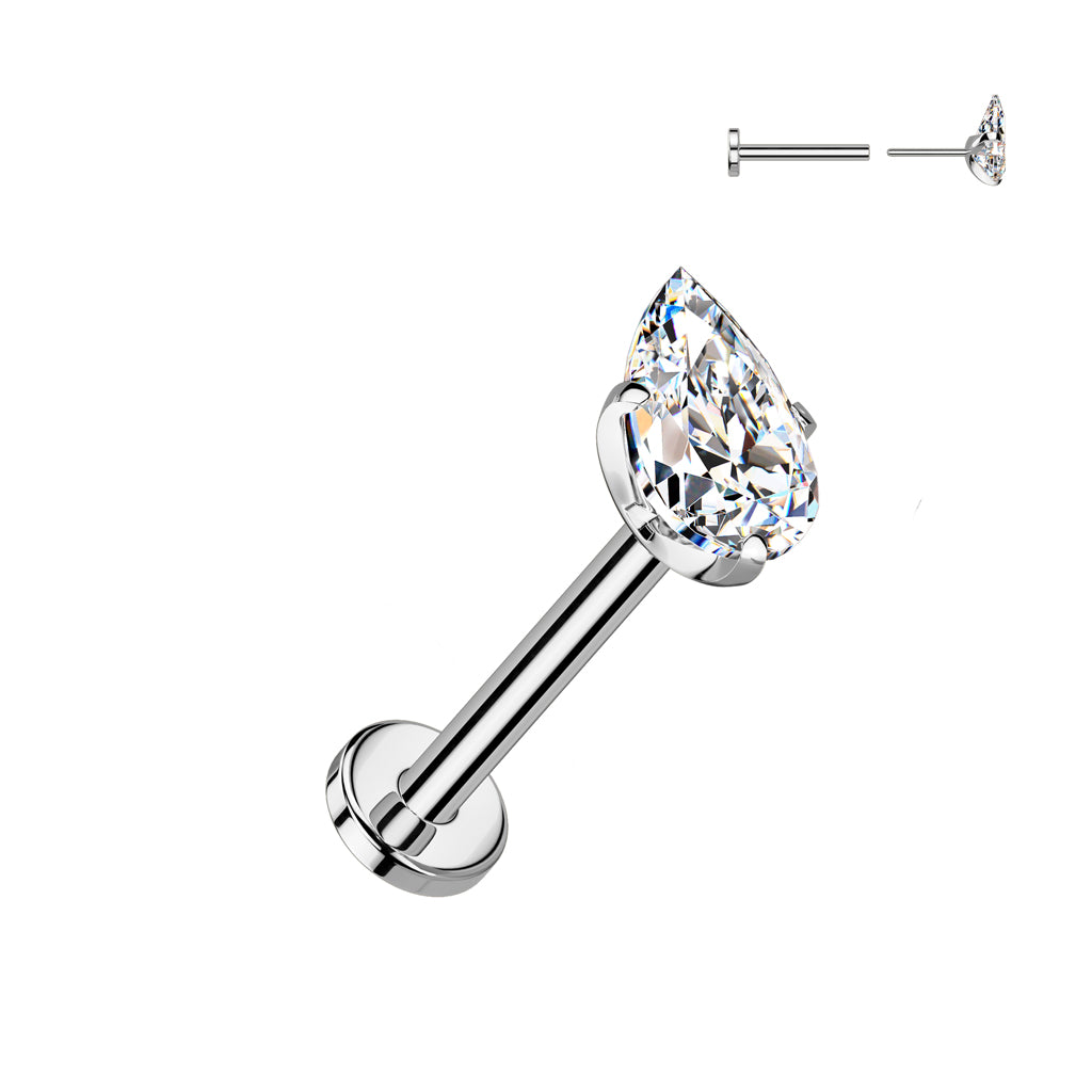 Cherry Diva Flat Back Stud Silver 16 Gauge Titanium Threadless Crystal Teardrop Cartilage Stud