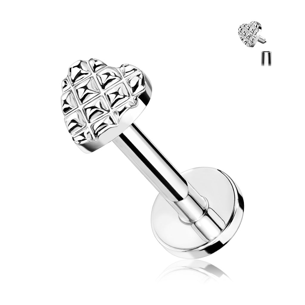 Cherry Diva Flat Back Stud Silver / 6MM 16 Gauge Internally Threaded Embossed Heart Stud