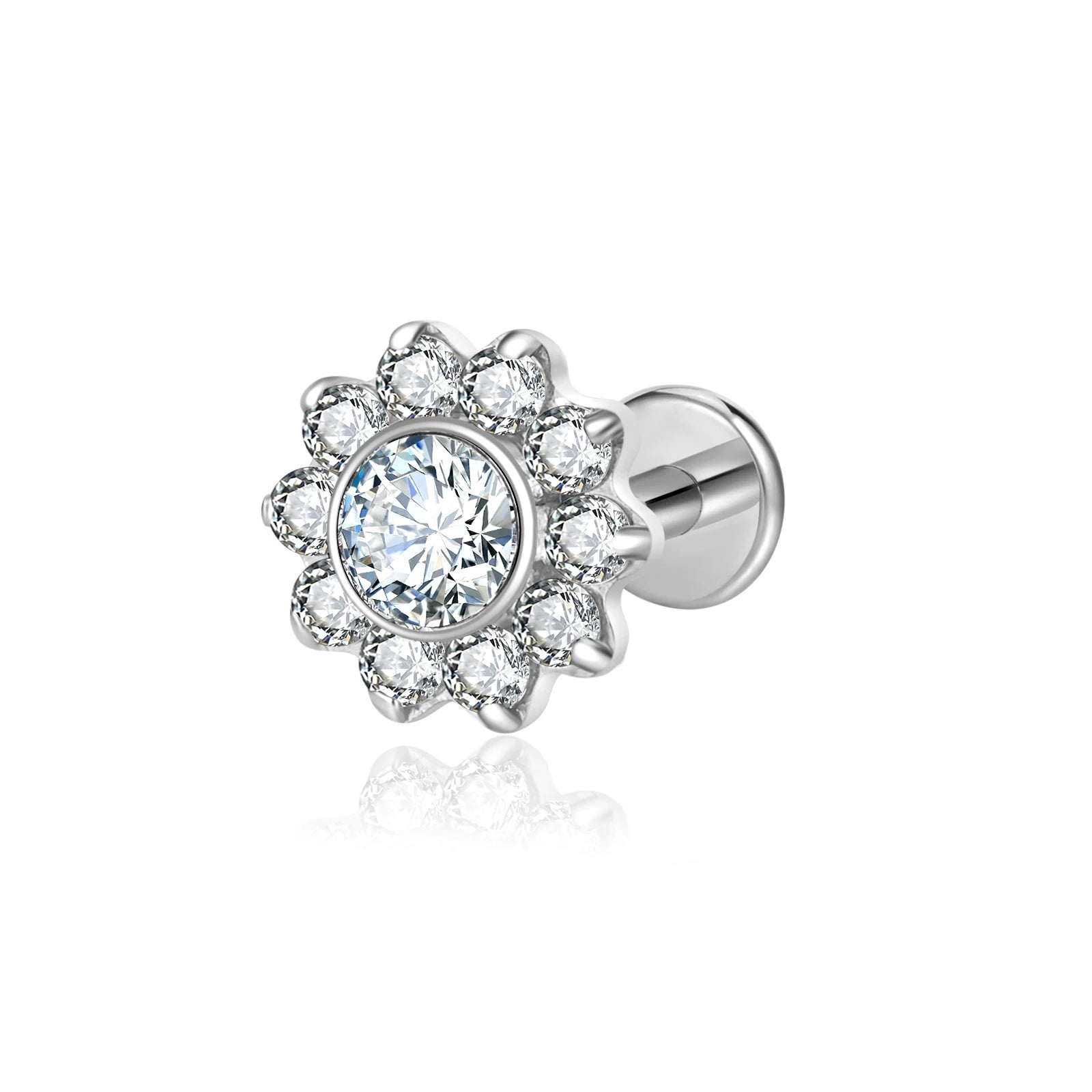 Cherry Diva Flat Back Stud Silver / 6MM 16 Gauge Internally Threaded Titanium Crystal Flower Stud