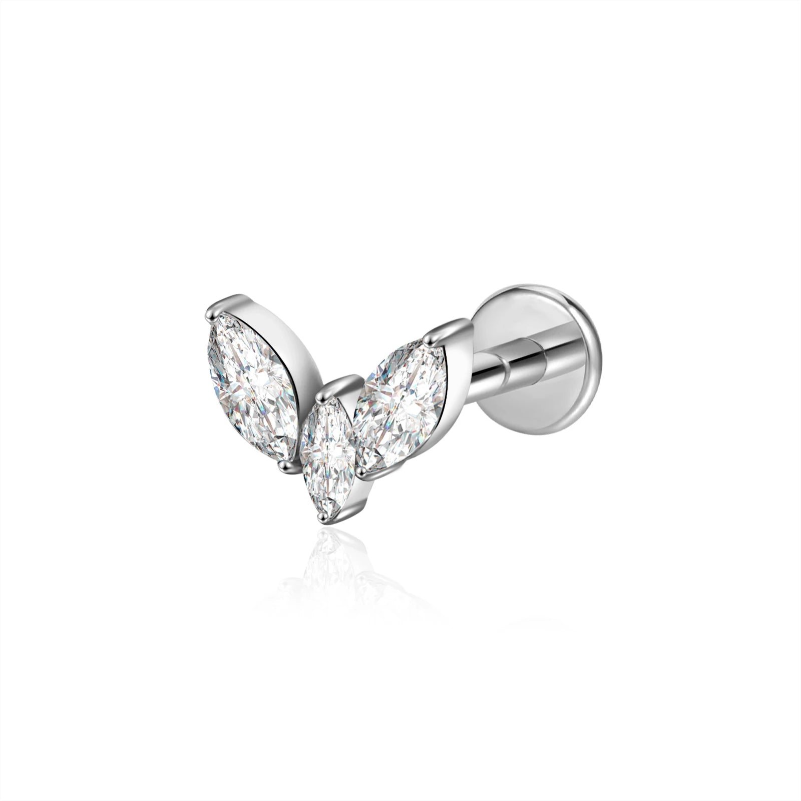Cherry Diva Flat Back Stud Silver / 6MM 16 Gauge Internally Threaded Titanium Triple Crystal Stud