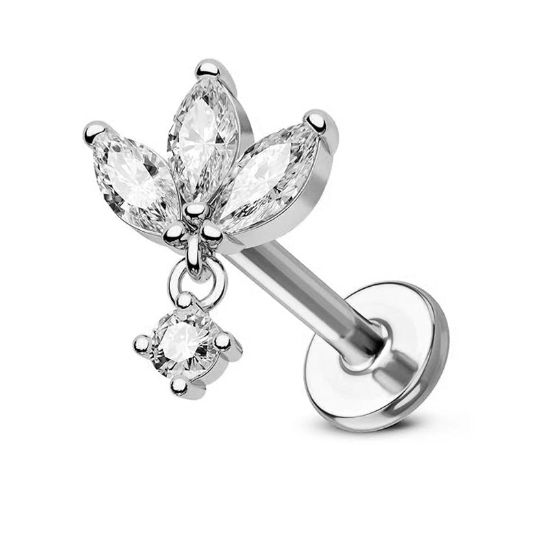 Cherry Diva Flat Back Stud Silver / 6MM 16 Gauge Threadless Titanium Dangling Crystal Flower Stud