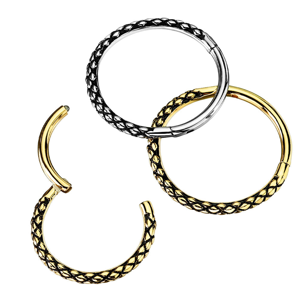 Cherry Diva Hinged Hoop Ring 16 Gauge Dragon Scale Hinged Hoop Ring - Silver
