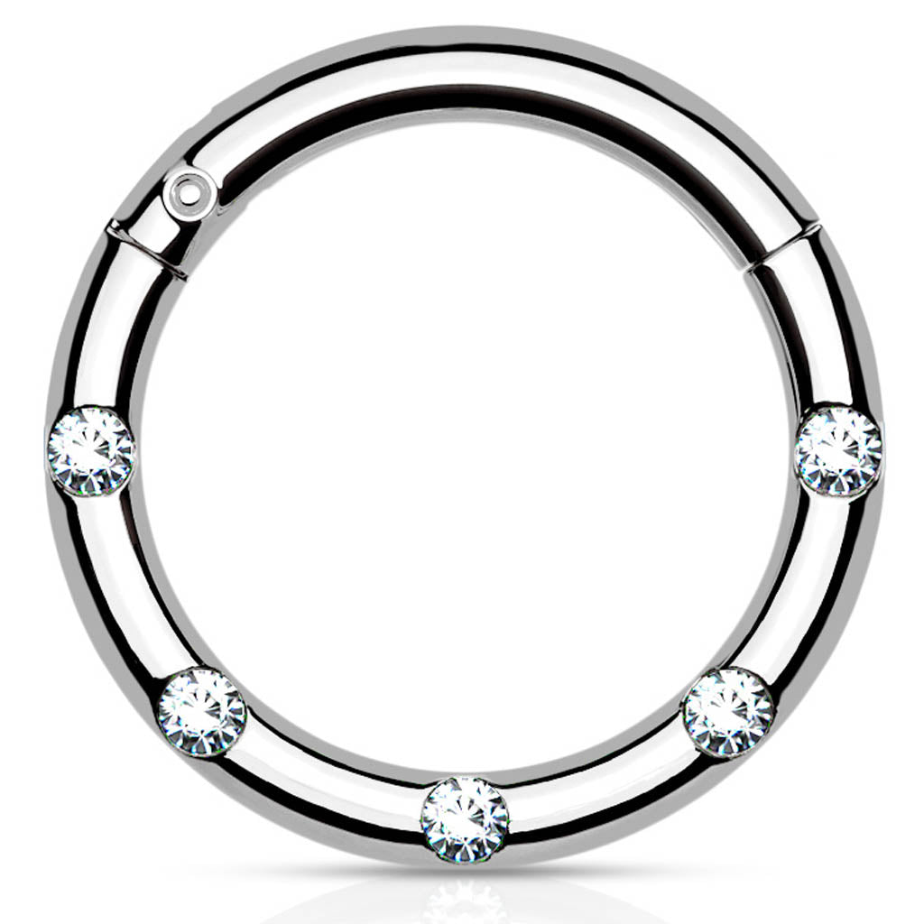 Cherry Diva Hinged Hoop Ring 16 Gauge Hypoallergenic Hinged Five Crystal Hoop
