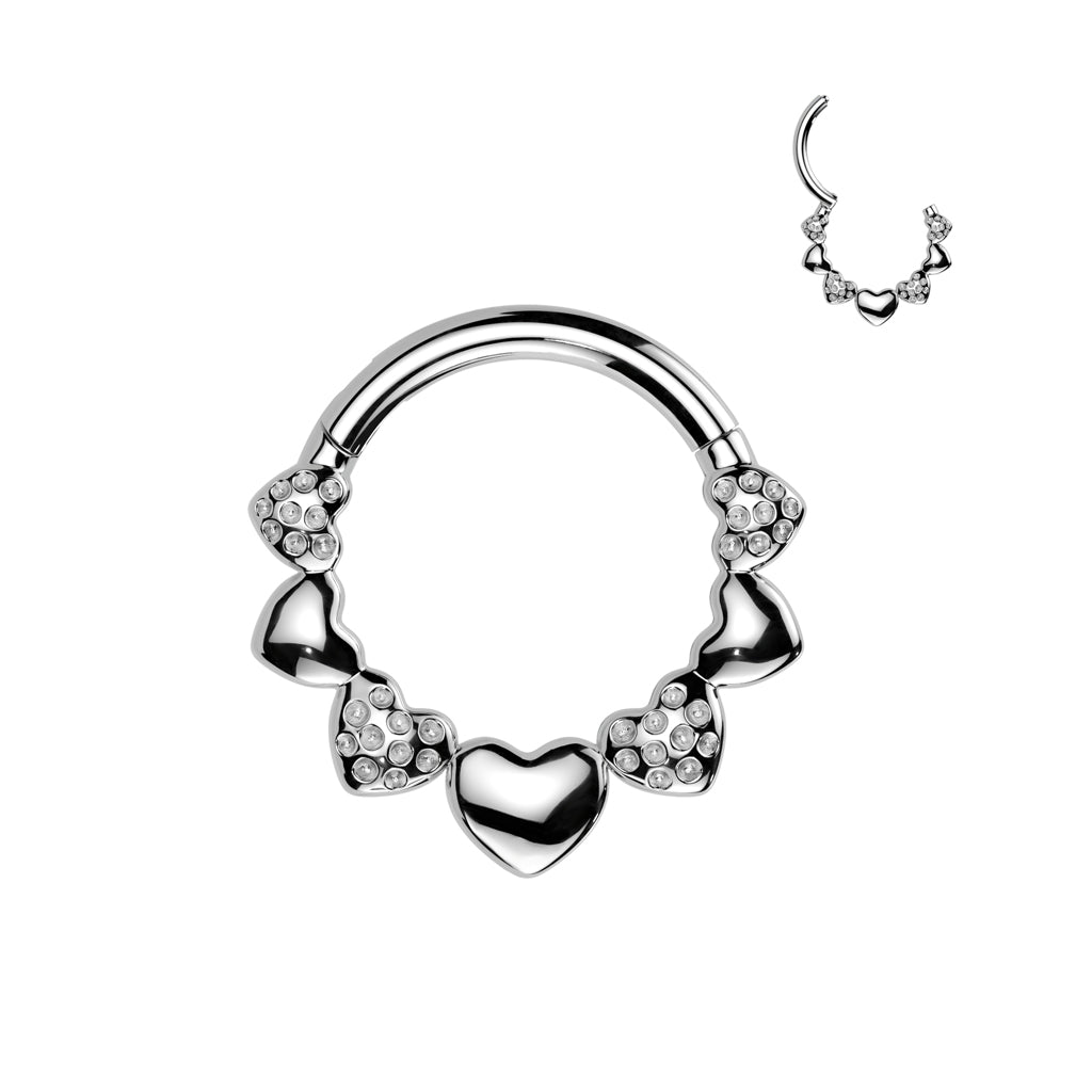 Cherry Diva Hinged Hoop Ring 16 Gauge Silver Crystal Hearts Hinged Hoop Ring