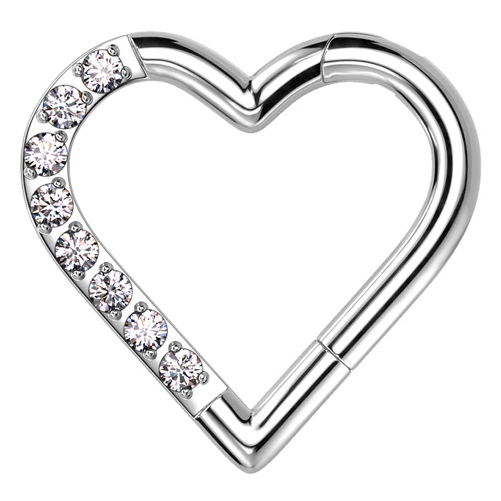 Cherry Diva Hinged Hoop Ring 16 Gauge Titanium Crystal Heart Hinged Cartilage Hoop