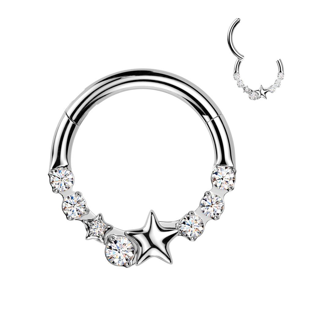 Cherry Diva Hinged Hoop Ring 8MM 16 Gauge Silver Crystal Lined Star Hinged Hoop Ring