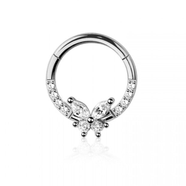 Cherry Diva Hinged Hoop Ring Silver 16 Gauge Hypoallergenic Crystal Butterfly Hinged Segment Hoop