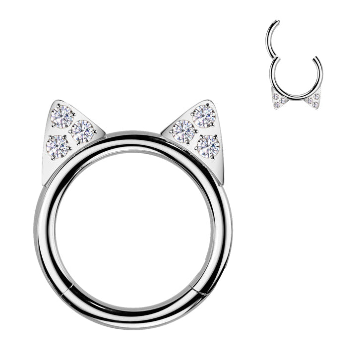 Cherry Diva Hinged Hoop Ring Silver 16 Gauge Titanium Crystal Kitty Hinged Segment Hoop