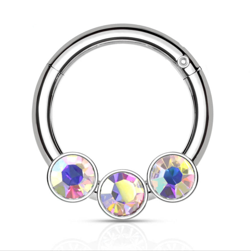 Cherry Diva Hinged Ring 16 Gauge Triple Crystal Hinged Hoop Ring