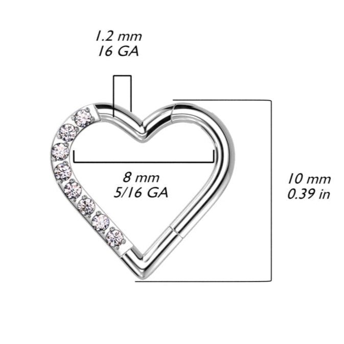 Cherry Diva Hoop Ring 16 Gauge Titanium Crystal Heart Hinged Hoop Ring - Silver