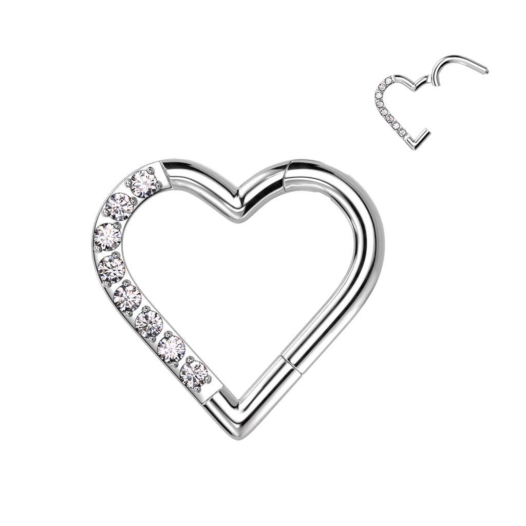 Cherry Diva Hoop Ring 16 Gauge Titanium Crystal Heart Hinged Hoop Ring - Silver