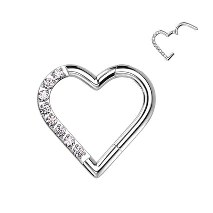 Cherry Diva Hoop Ring 16 Gauge Titanium Crystal Heart Hinged Hoop Ring - Silver