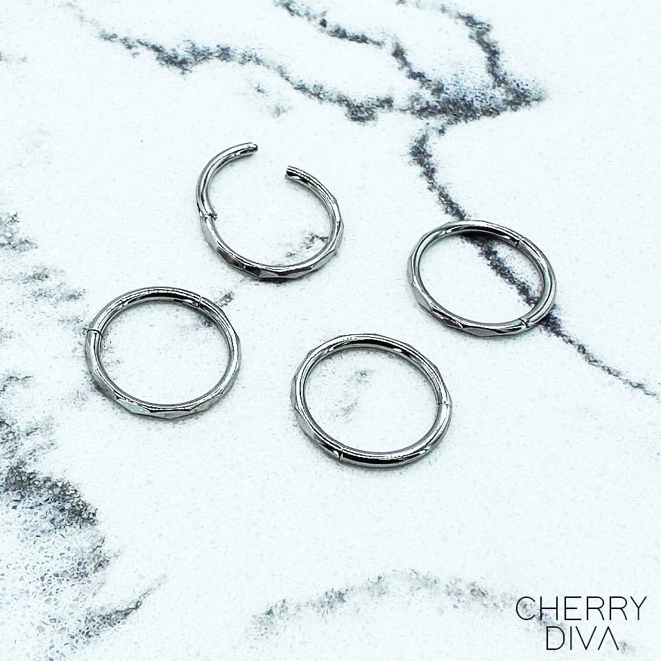 Cherry Diva Hoop Ring 16 Gauge Titanium Faceted Side Hinged Hoop Ring - Silver