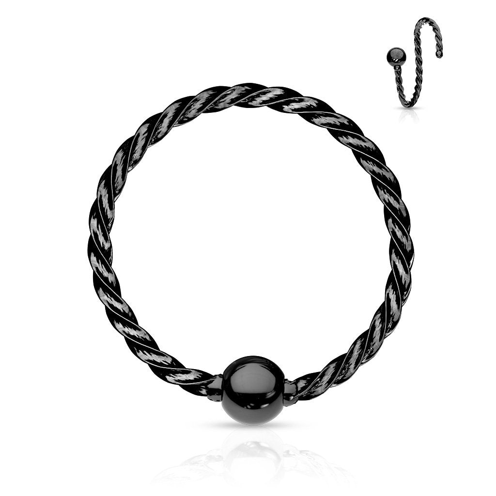 Cherry Diva Hoop Ring BLACK 16 Gauge Fixed Ball Twisted Rope Bendable Hoop Ring