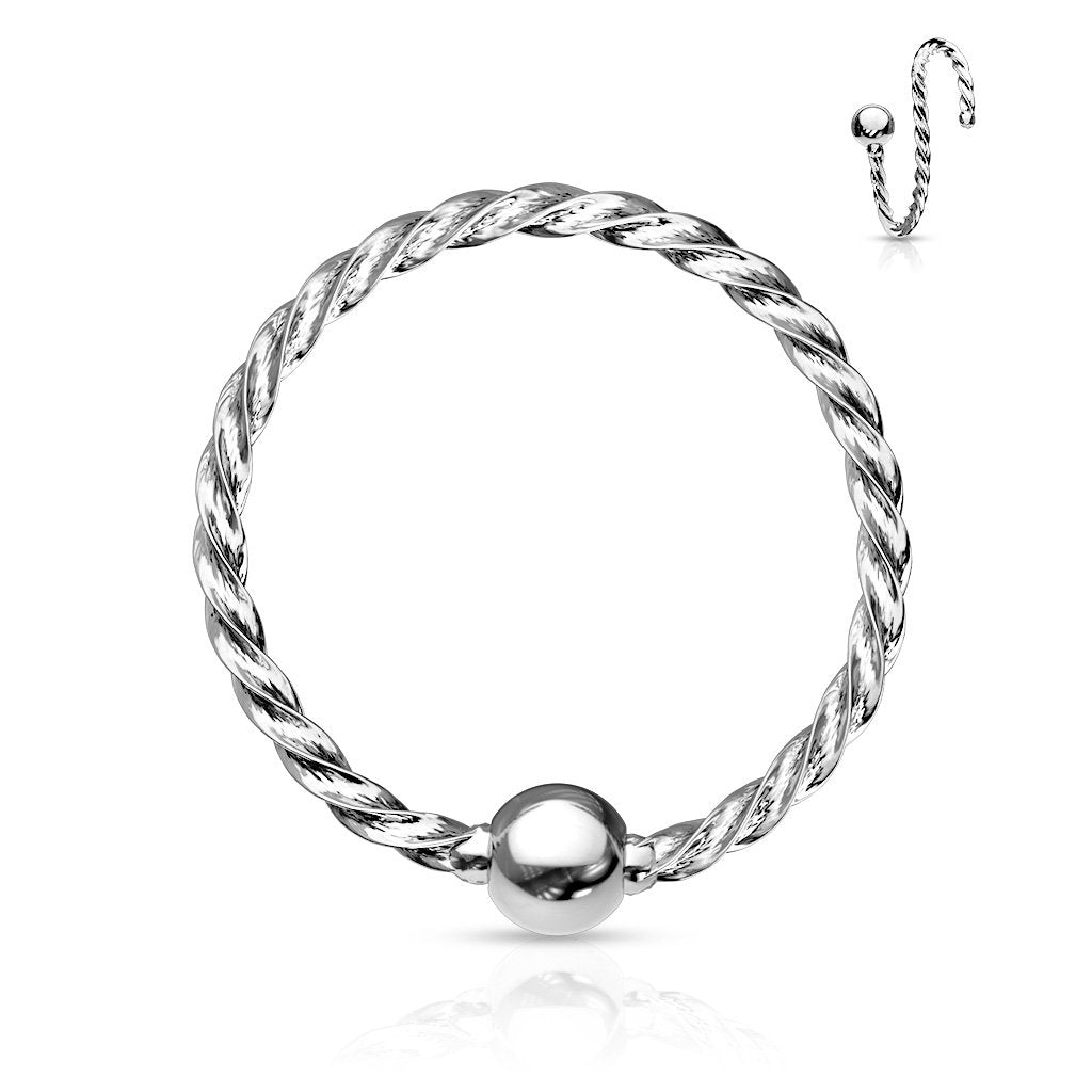 Cherry Diva Hoop Ring SILVER 16 Gauge Fixed Ball Twisted Rope Bendable Hoop Ring