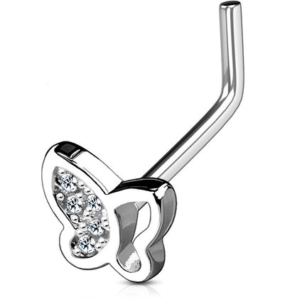 Cherry Diva L Bend Nose Stud 20 Gauge Crystal Butterfly L-Bend Nose Stud