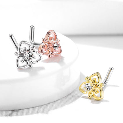 Cherry Diva L Bend Nose Stud 20 Gauge Crystal Filigree Heart L-Bend Nose Stud