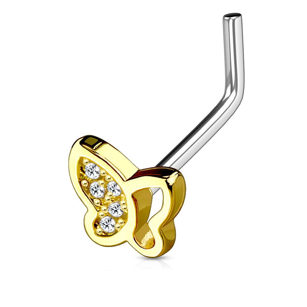 Cherry Diva L Bend Nose Stud Gold 20 Gauge Crystal Butterfly L-Bend Nose Stud