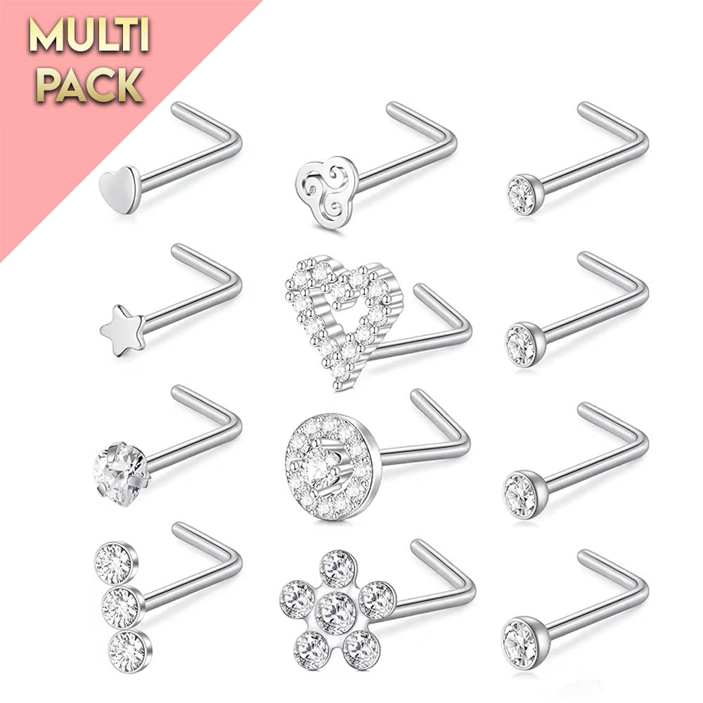 Multi Pack Of 12 L - Bend Silver Nose Studs