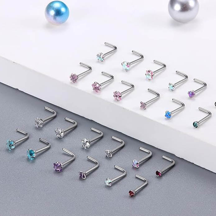 Cherry Diva L Bend Nose Stud Multi Pack Of 24 L-Bend Silver Nose Studs