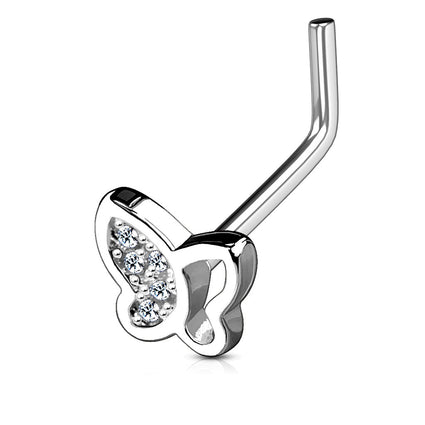 Cherry Diva L Bend Nose Stud Silver 20 Gauge Crystal Butterfly L-Bend Nose Stud