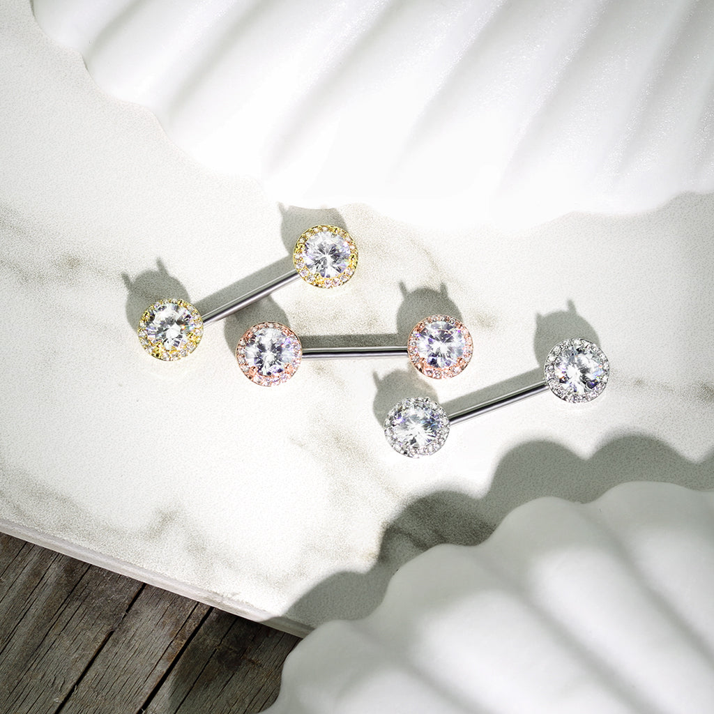 Cherry Diva Nipple Ring 14 Gauge Double Crystal Ball End Nipple Bar