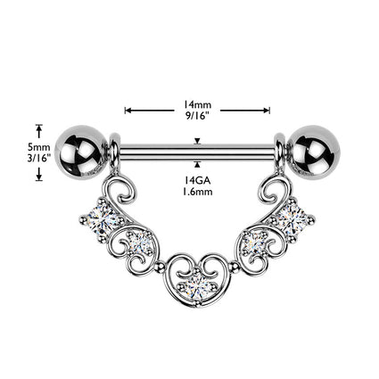 Cherry Diva Nipple Ring 14 Gauge Filigree Crystal Heart Nipple Barbell