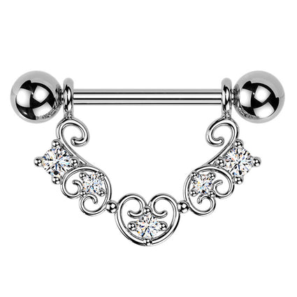 Cherry Diva Nipple Ring 14 Gauge Filigree Crystal Heart Nipple Barbell