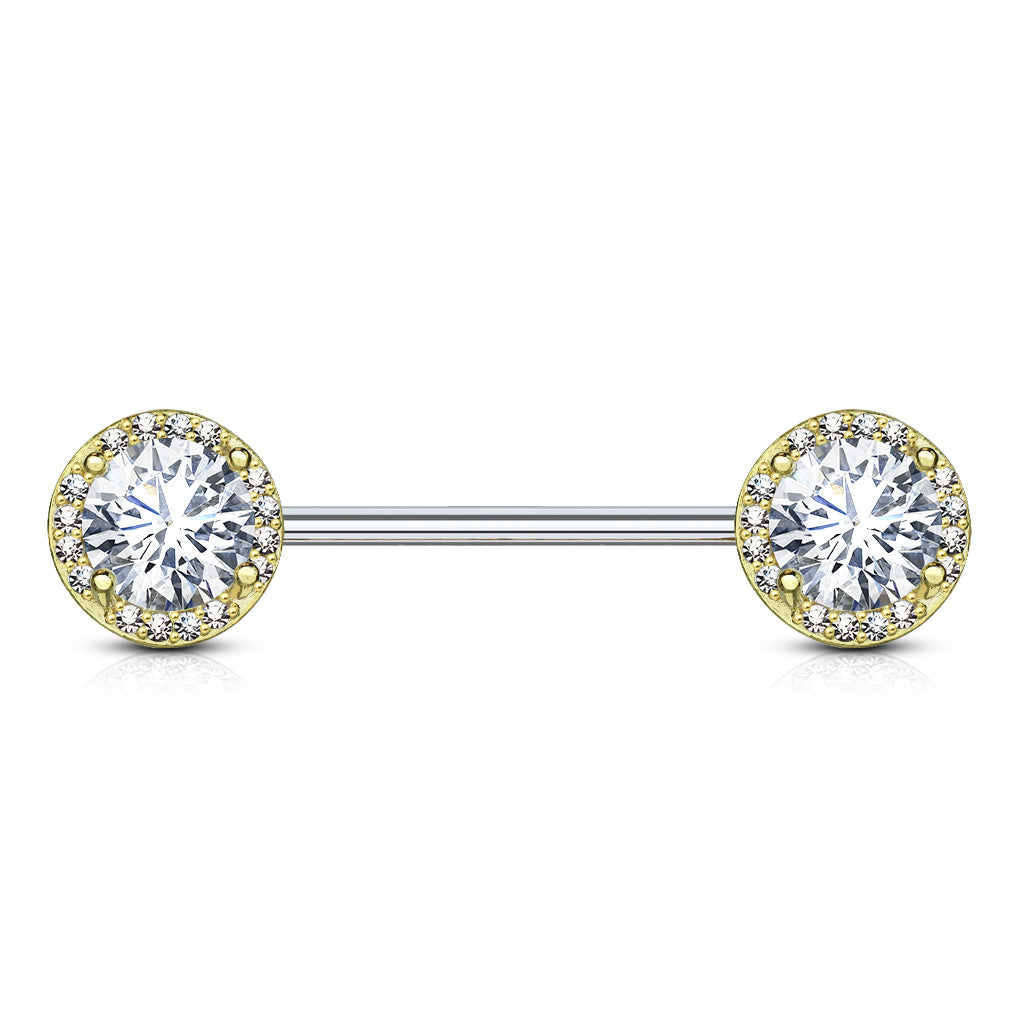 14 Gauge Double Crystal Ball End Nipple Bar Gold