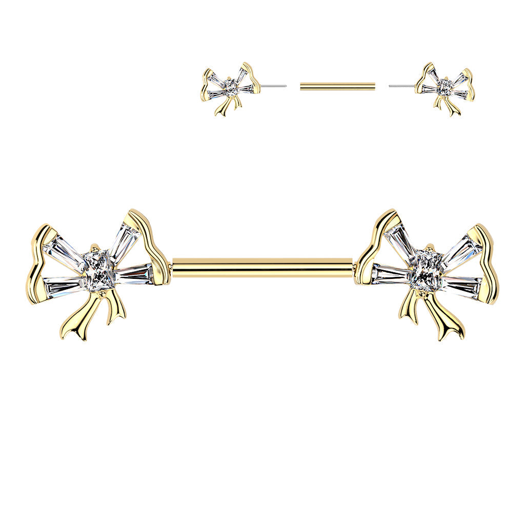 Cherry Diva Nipple Ring Gold 14 Gauge Threadless Crystal Bow Nipple Barbell