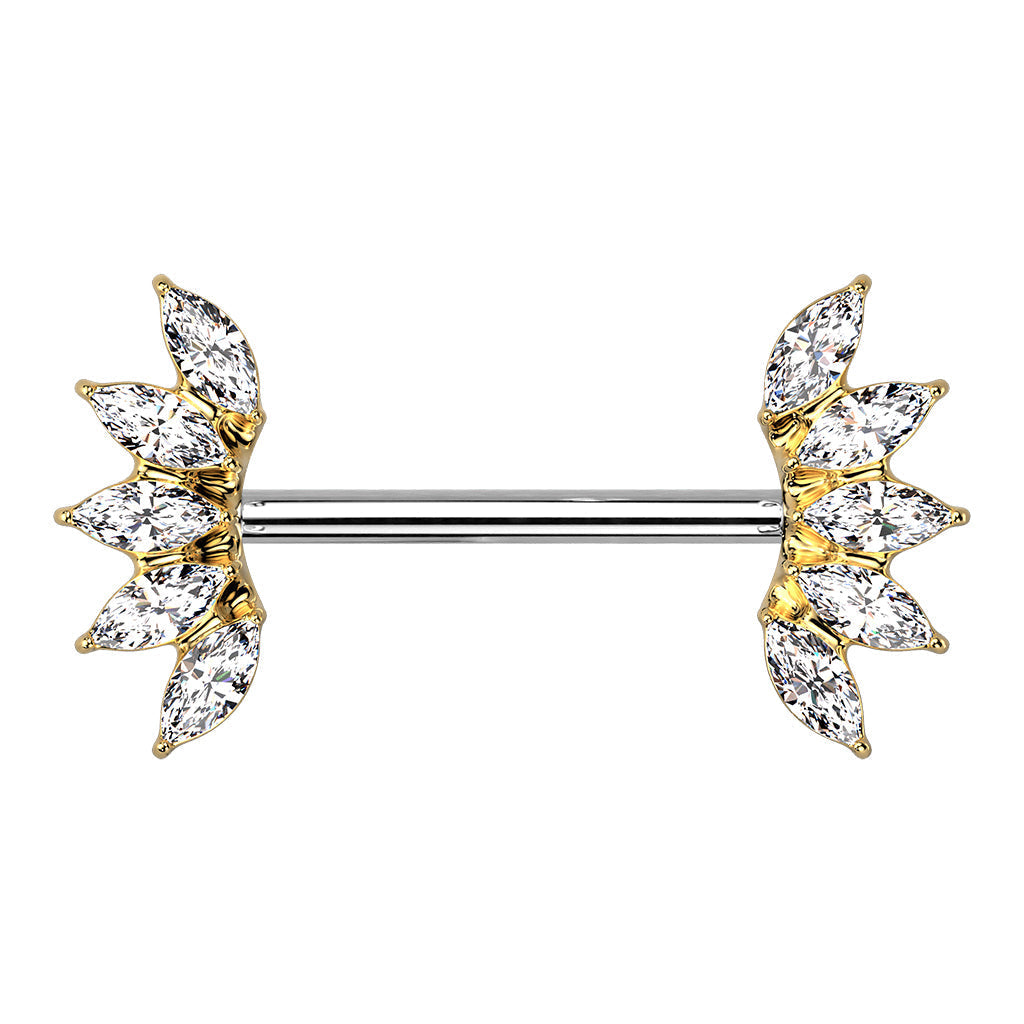 Cherry Diva Nipple Ring Gold / Clear 14 Gauge Marquise Flower Gemstone Barbell Nipple Ring