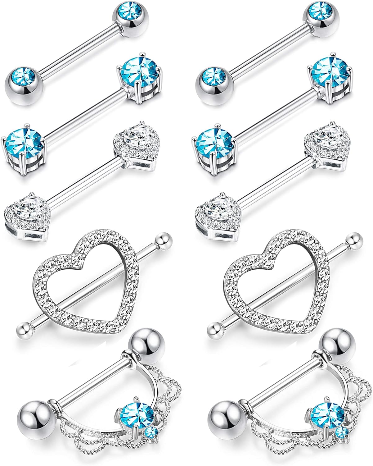 Cherry Diva Nipple Ring Multi Pack Of 10 Blue Crystal Heart Nipple Bars