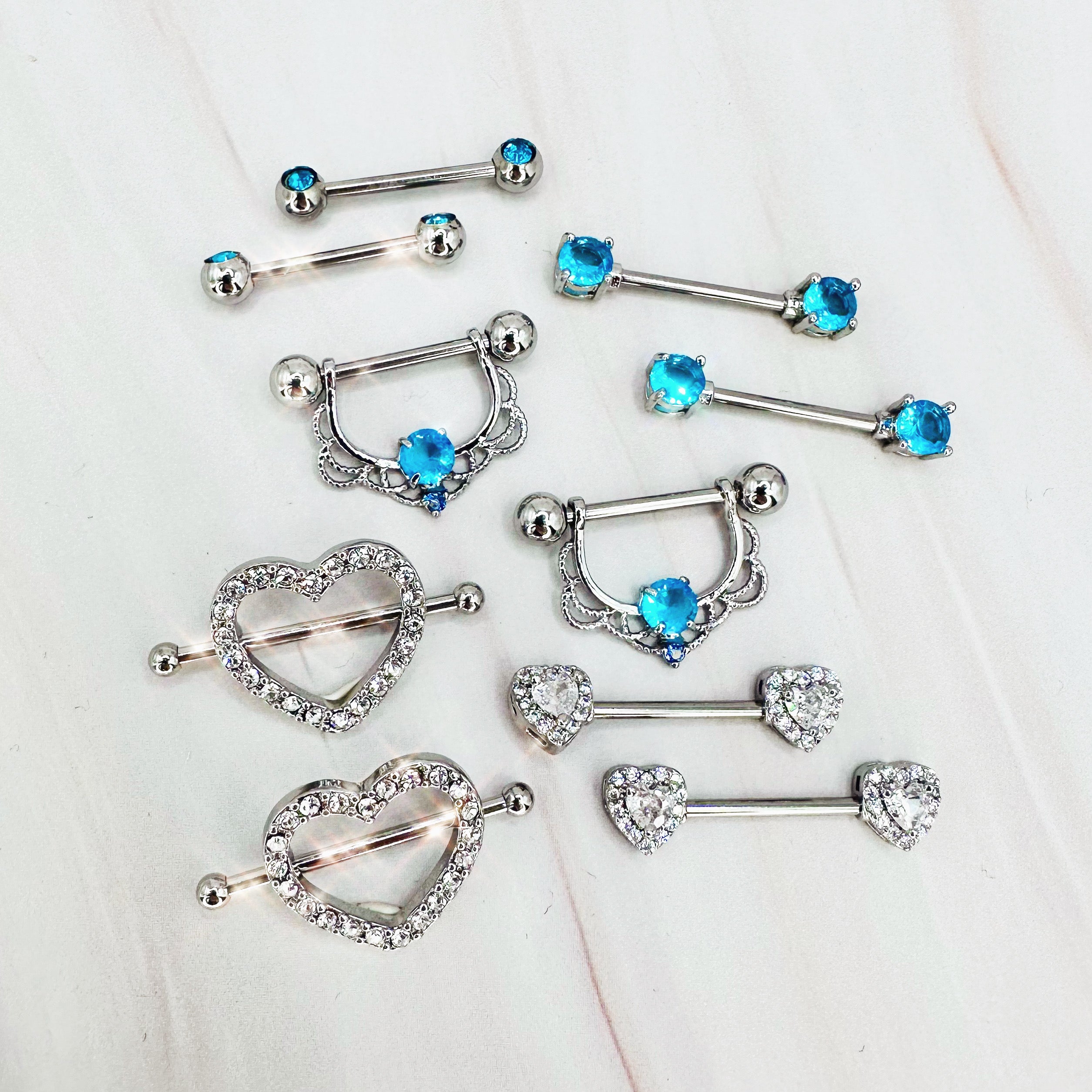 Cherry Diva Nipple Ring Multi Pack Of 10 Blue Crystal Heart Nipple Bars