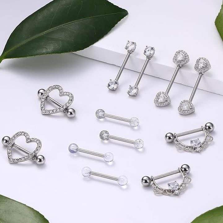 Cherry Diva Nipple Ring Multi Pack Of 10 Silver Crystal Nipple Bars